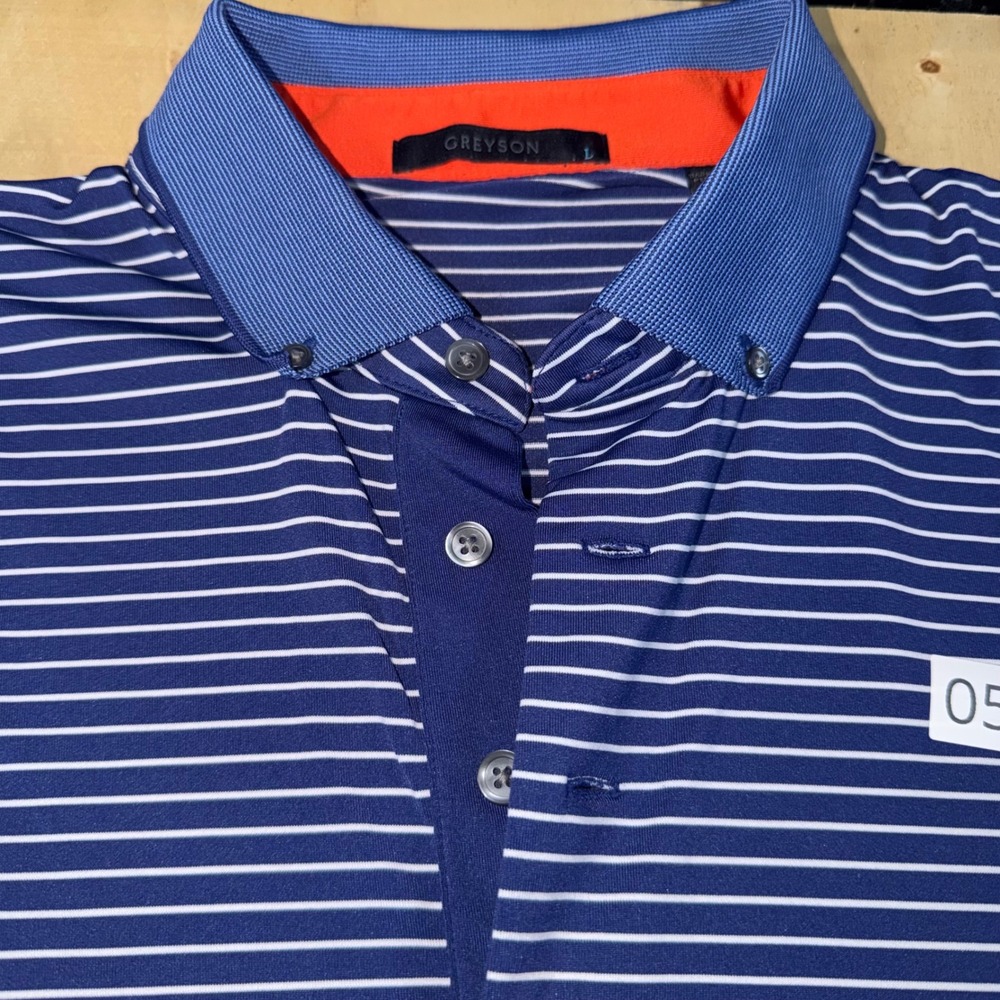 Greyson Mens L Golf Polo Shirt Blue White Stripe Performance Richland Logo - Picture 2 of 5
